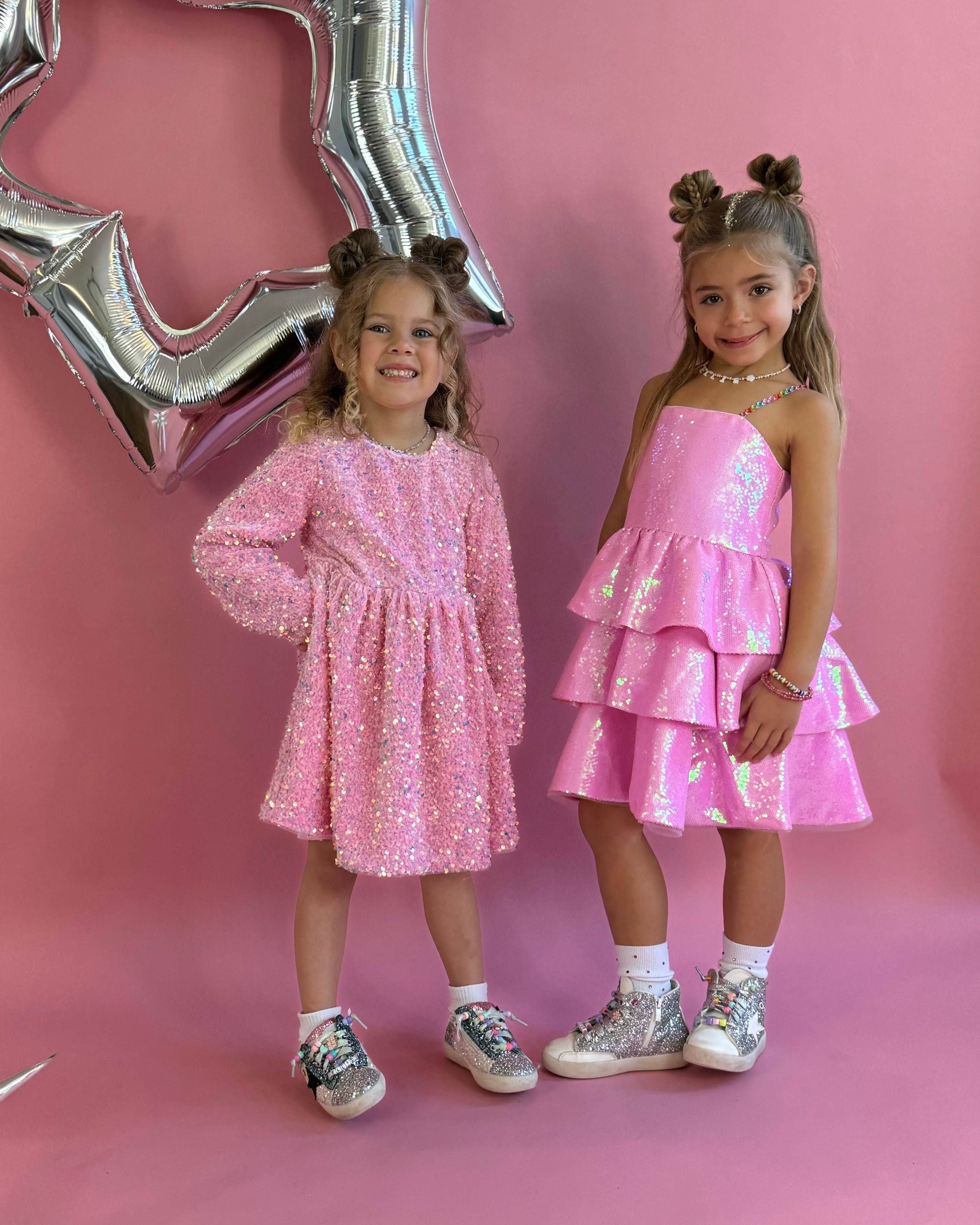 eli party sequin dress in pink iridescent Sequin Dresses | Sparkly Party Dresses